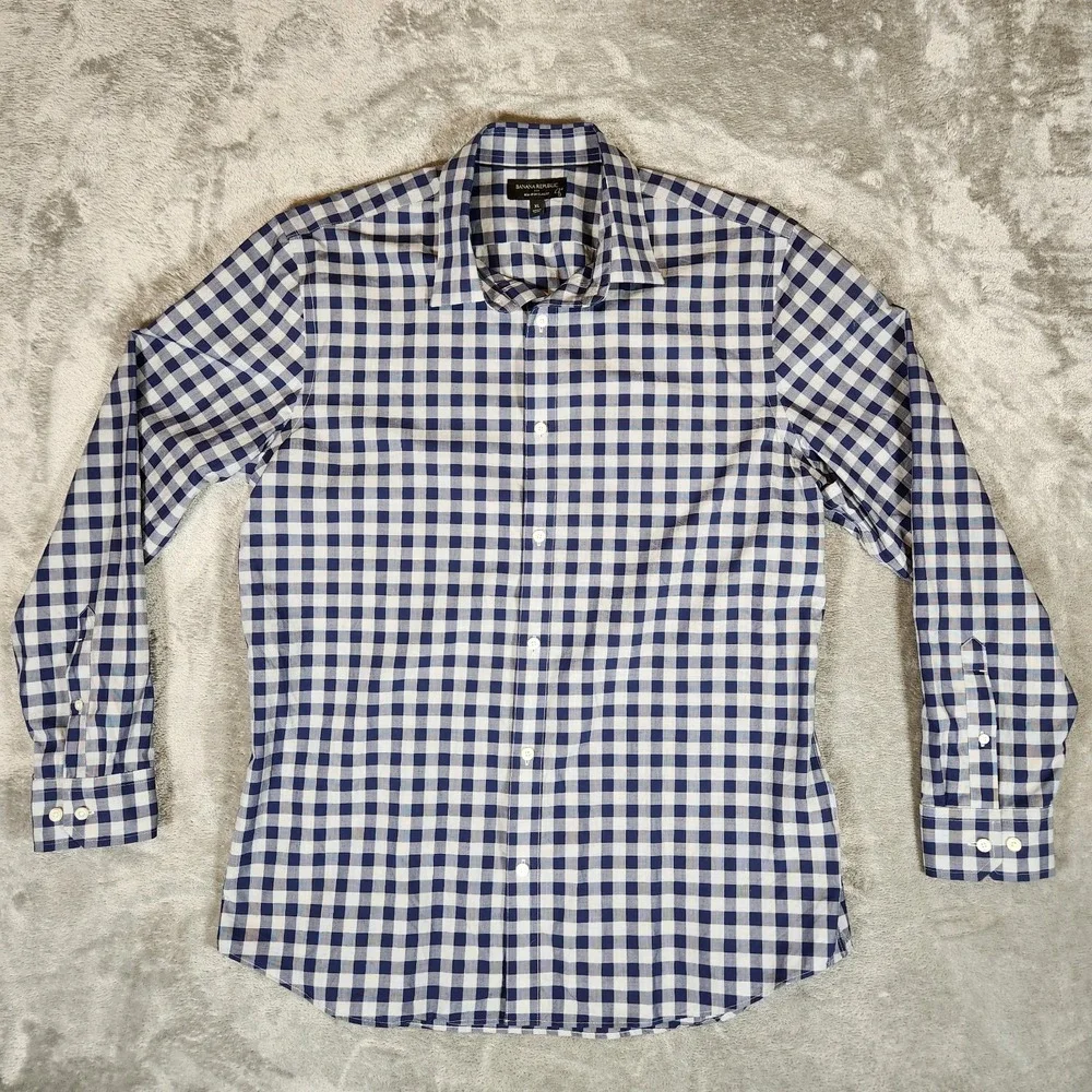 Banana Republic Shirt Men's XL 17-17 1/2 Non Iron Slim Fit Blue Plaid Button Up